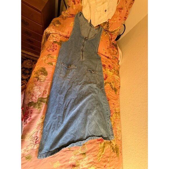 Vtg 90 Denim Jumper Maxi Dress L Front Zipper Pockets Modest Country Teacher Y2K - Picture 5 of 16